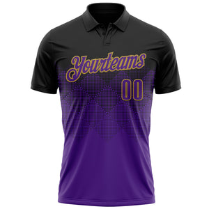 Custom Black Purple-Old Gold 3D Pattern Design Gradient Square Shape Performance Polo Shirt