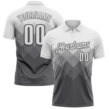 Custom White Steel Gray 3D Pattern Design Gradient Square Shape Performance Polo Shirt