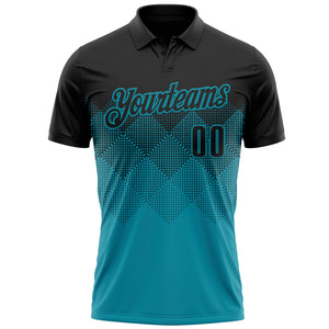 Custom Black Teal 3D Pattern Design Gradient Square Shape Performance Polo Shirt