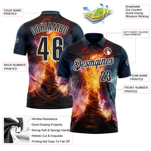 Custom Navy Black-White 3D Bowling Burning Flame Performance Polo Shirt