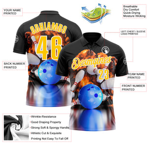 Custom Black Yellow-White 3D Bowling Burning Flame Performance Polo Shirt