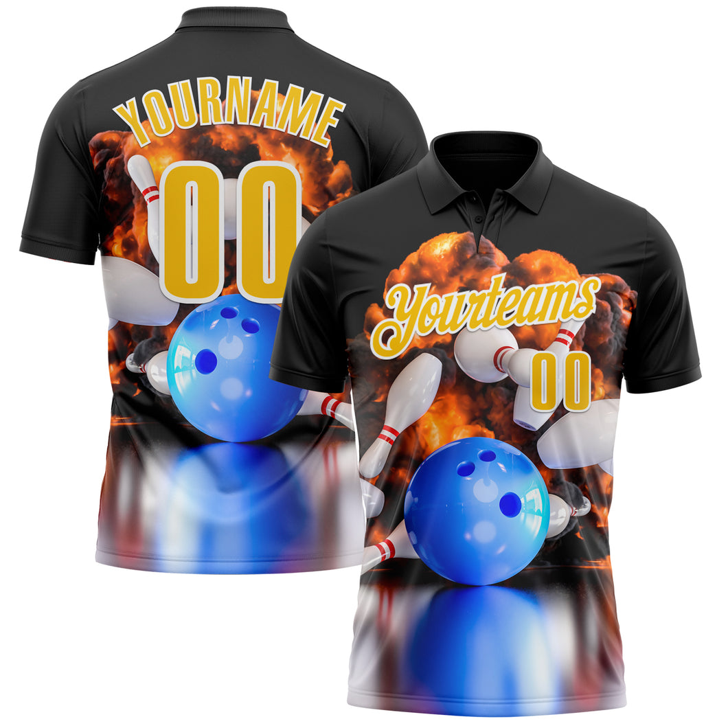 Custom Black Yellow-White 3D Bowling Burning Flame Performance Polo Shirt