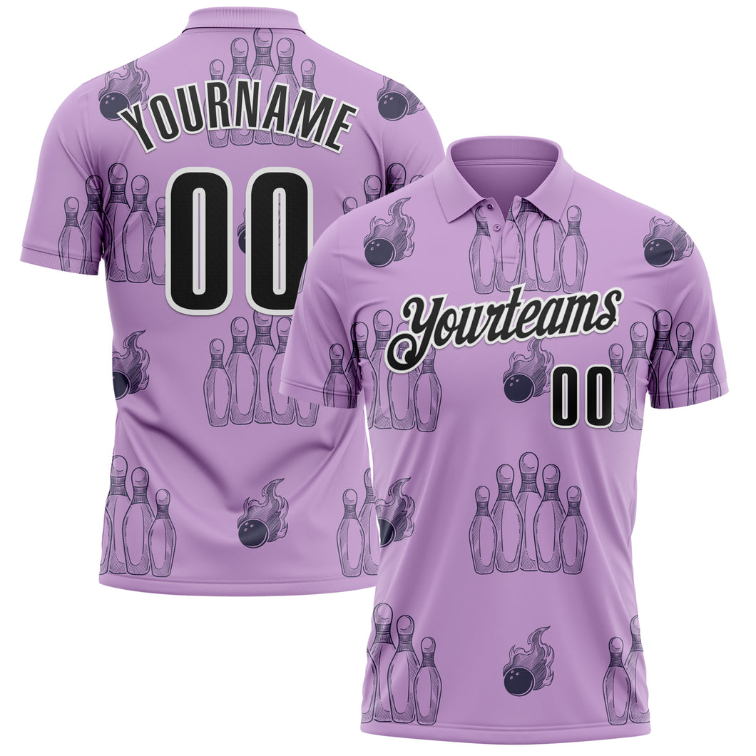 Custom Light Purple Black-White 3D Bowling Flaming Ball Performance Polo Shirt