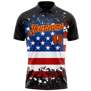 Custom Black Red-Gold 3D Cornhole American Flag Skull Performance Polo Shirt