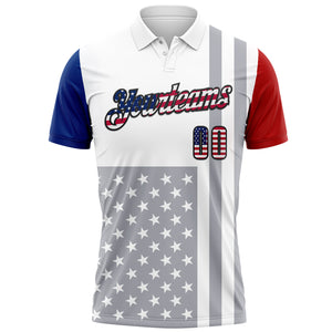 Custom White USA Flag Red Royal Gray-Black 3D Cornhole American Flag Performance Polo Shirt