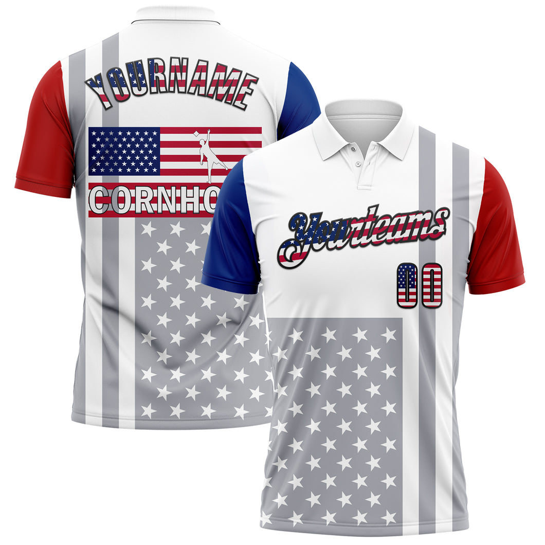 Custom White USA Flag Red Royal Gray-Black 3D Cornhole American Flag Performance Polo Shirt