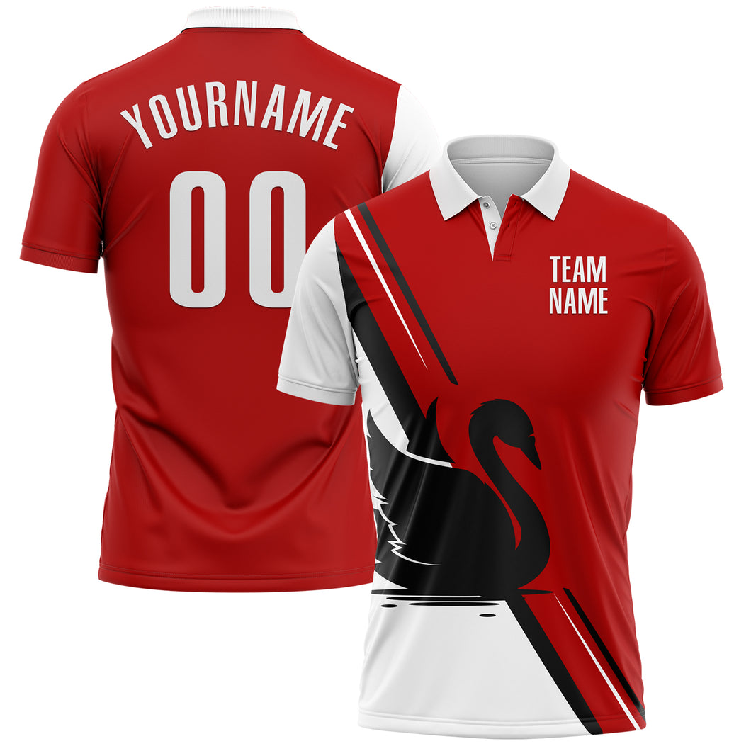 Custom Red White-Black 3D Pattern Design Animal Swan Performance Polo Shirt