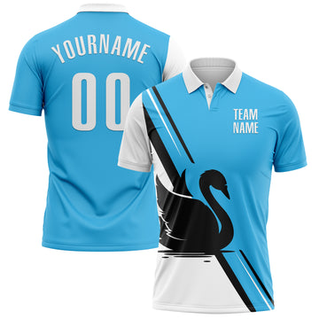 Custom Sky Blue White-Black 3D Pattern Design Animal Swan Performance Polo Shirt