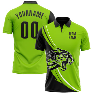 Custom Neon Green Black-White 3D Pattern Design Animal Leopard Performance Polo Shirt