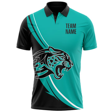 Custom Aqua Black-White 3D Pattern Design Animal Leopard Performance Polo Shirt