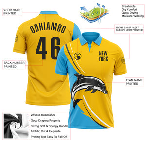 Custom Yellow Black-Sky Blue 3D Pattern Design Animal Dolphin Performance Polo Shirt