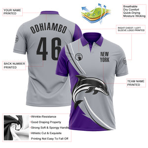 Custom Gray Black-Purple 3D Pattern Design Animal Dolphin Performance Polo Shirt