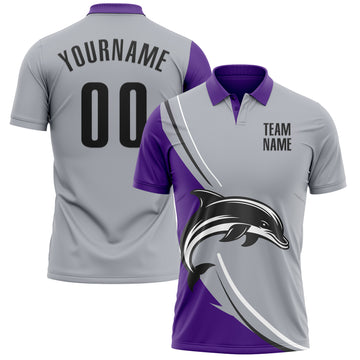 Custom Gray Black-Purple 3D Pattern Design Animal Dolphin Performance Polo Shirt