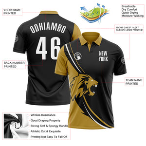 Custom Black White-Old Gold 3D Pattern Design Animal Lion Performance Polo Shirt