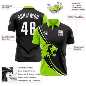 Custom Black White-Neon Green 3D Pattern Design Animal Lion Performance Polo Shirt