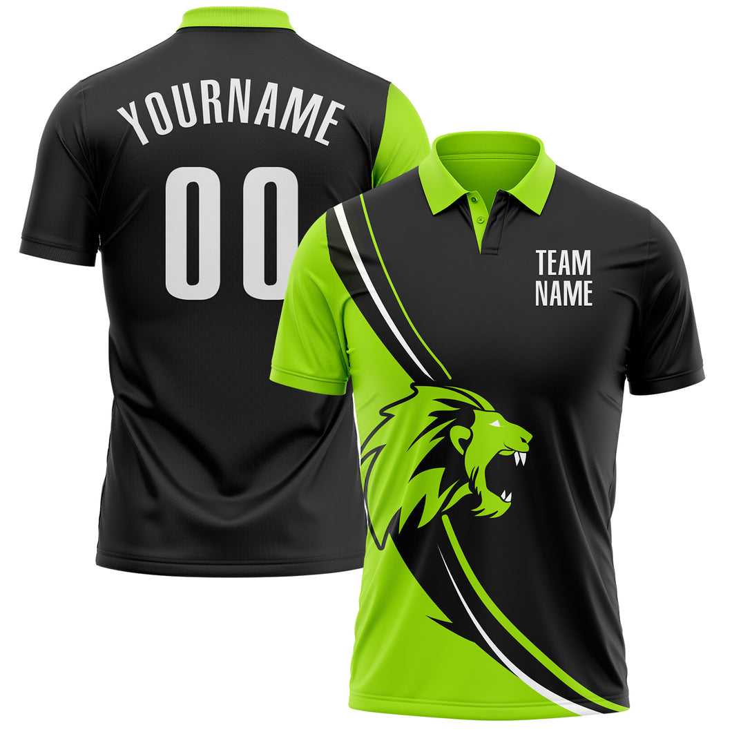 Custom Black White-Neon Green 3D Pattern Design Animal Lion Performance Polo Shirt