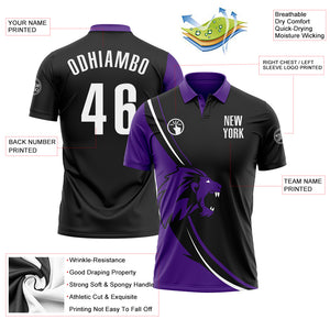 Custom Black White-Purple 3D Pattern Design Animal Lion Performance Polo Shirt