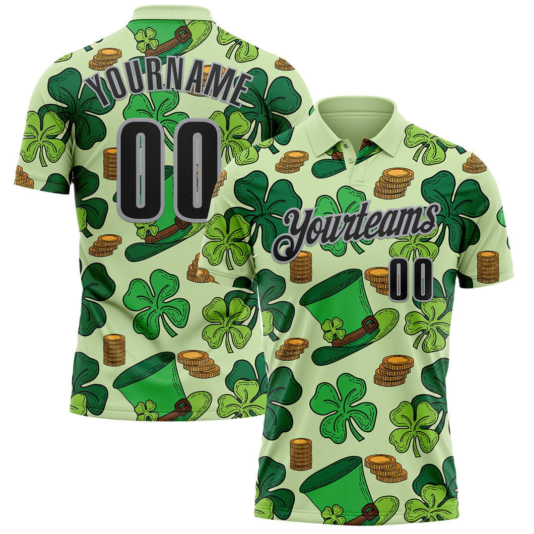 Custom Green Black-Gray 3D St. Patrick's Day Shamrock Performance Polo Shirt