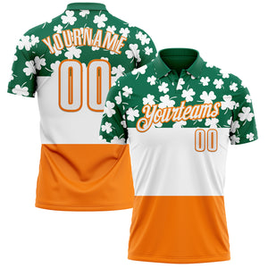 Custom Kelly Green White-Bay Orange 3D St. Patrick's Day Shamrock Performance Polo Shirt