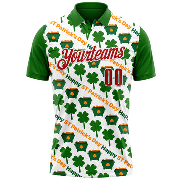 Custom White Red-Green 3D St. Patrick's Day Shamrock Performance Polo Shirt