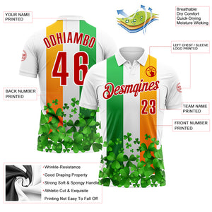 Custom White Red Green-Bay Orange 3D St. Patrick's Day Shamrock Performance Polo Shirt