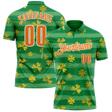 Custom Kelly Green Bay Orange-White 3D St. Patrick's Day Shamrock Performance Polo Shirt