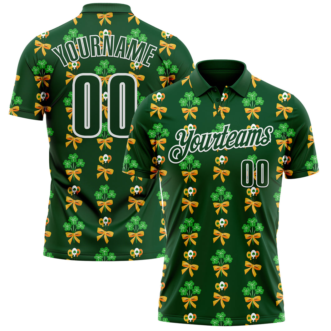 Custom Green White 3D St. Patrick's Day Shamrock Performance Polo Shirt