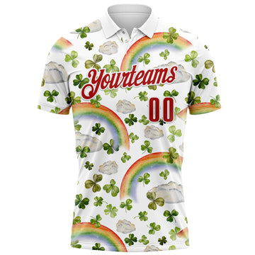 Custom White Red 3D St. Patrick's Day Shamrock Performance Polo Shirt