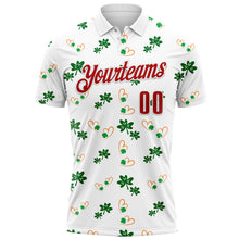 Load image into Gallery viewer, Custom White Red 3D St. Patrick&#39;s Day Shamrock Performance Polo Shirt
