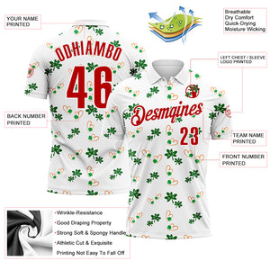 Custom White Red 3D St. Patrick's Day Shamrock Performance Polo Shirt