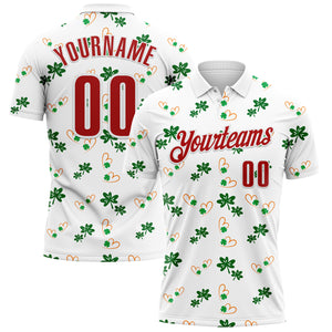 Custom White Red 3D St. Patrick's Day Shamrock Performance Polo Shirt