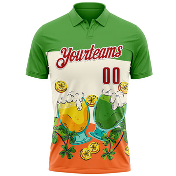 Custom Green Red-White 3D St. Patrick's Day Shamrock Beer Performance Polo Shirt