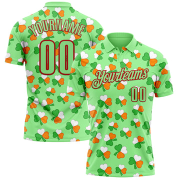 Custom Pea Green Red 3D St. Patrick's Day Shamrock Performance Polo Shirt