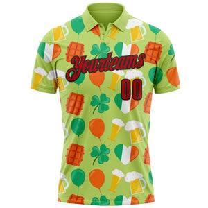 Custom Green Red-Black 3D St. Patrick's Day Shamrock Beer Performance Polo Shirt