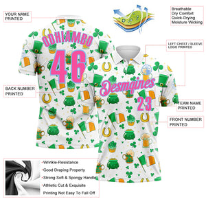 Custom White Pink-Light Blue 3D St. Patrick's Day Shamrock Beer Performance Polo Shirt