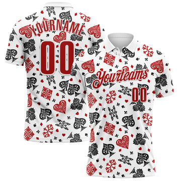 Custom White Red 3D Gambling Poker Performance Polo Shirt