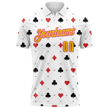 Custom White Yellow-Pink 3D Gambling Poker Performance Polo Shirt