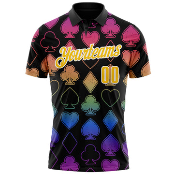 Custom Black Yellow-White 3D Gambling Poker Performance Polo Shirt