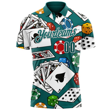 Custom Teal White 3D Gambling Poker Performance Polo Shirt