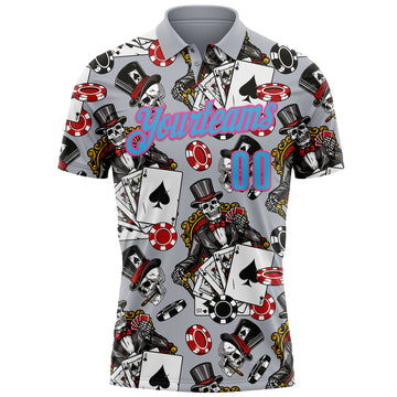 Custom Gray Sky Blue-Pink 3D Gambling Poker Performance Polo Shirt