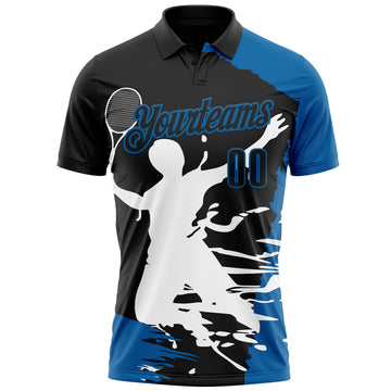 Custom Black Blue-White 3D Tennis Performance Polo Shirt