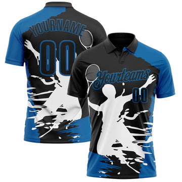 Custom Black Blue-White 3D Tennis Performance Polo Shirt