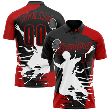 Custom Black Red-White 3D Tennis Performance Polo Shirt