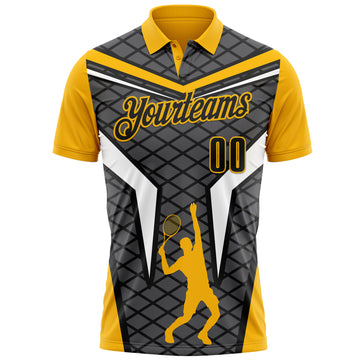 Custom Steel Gray Black-Gold 3D Tennis Performance Polo Shirt