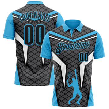 Custom Steel Gray Black-Sky Blue 3D Tennis Performance Polo Shirt