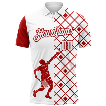 Custom White Red 3D Tennis Performance Polo Shirt