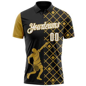 Custom Black White-Old Gold 3D Tennis Performance Polo Shirt