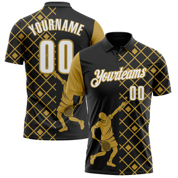 Custom Black White-Old Gold 3D Tennis Performance Polo Shirt