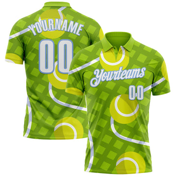 Custom Neon Green White-Light Blue 3D Tennis Performance Polo Shirt