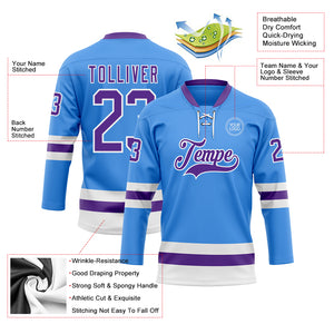 Custom Sky Blue Purple-White Hockey Lace Neck Jersey